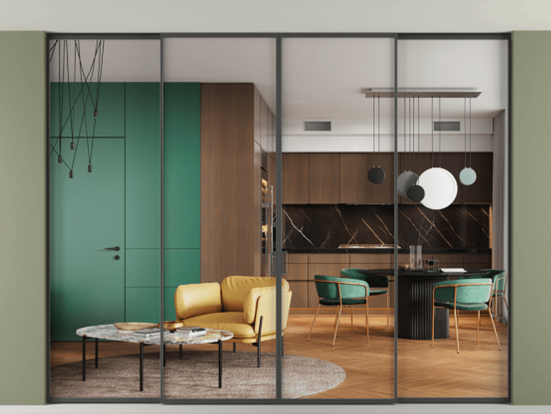 Перегородка Формато внутри проёма скрытое крепление в потолок 4 створки АЛПР 040.01 Графитовый Прозрачное стекло "Кристал Вижн", калёное Цена 623780 ₽ | Volhovec