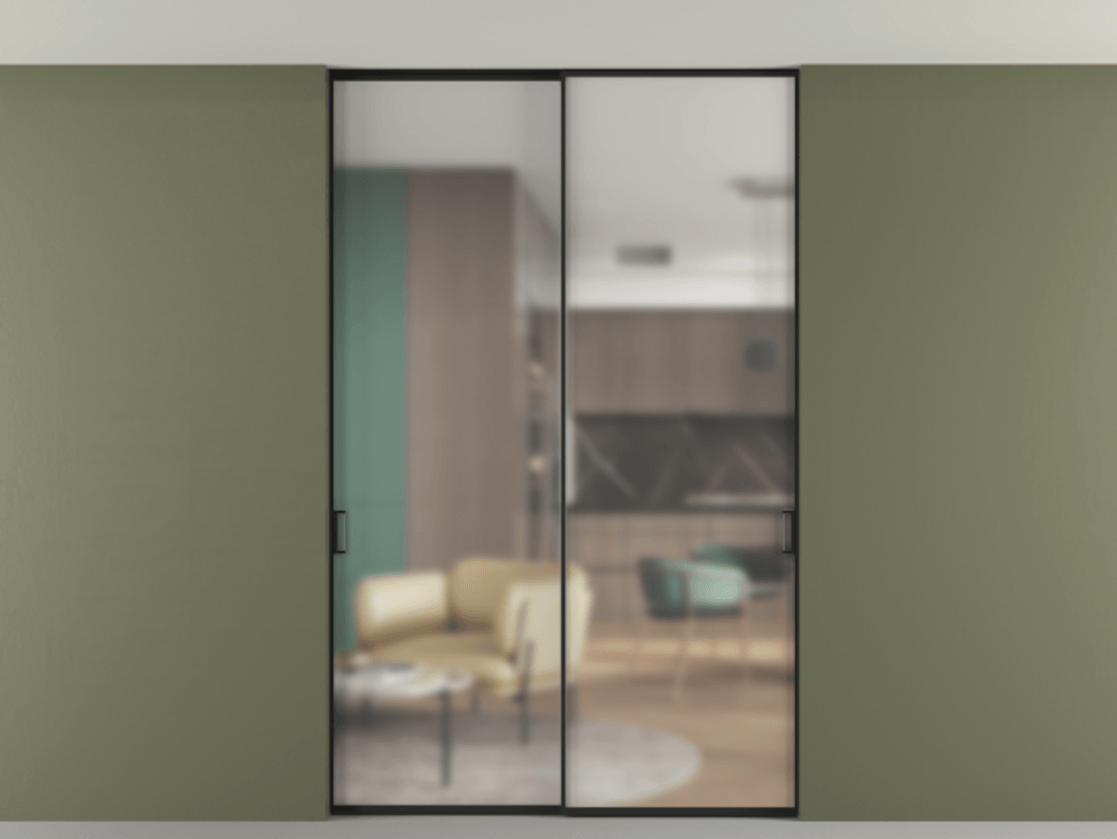 Перегородка Формато внутри проёма скрытое крепление в потолок 2 створки АЛПР 040.01 Алюминий Черный Сатинированное стекло "Мателюкс Кристал Вижн", калёное, матовое, каленое 6 мм Цена 286160 ₽ | Volhovec