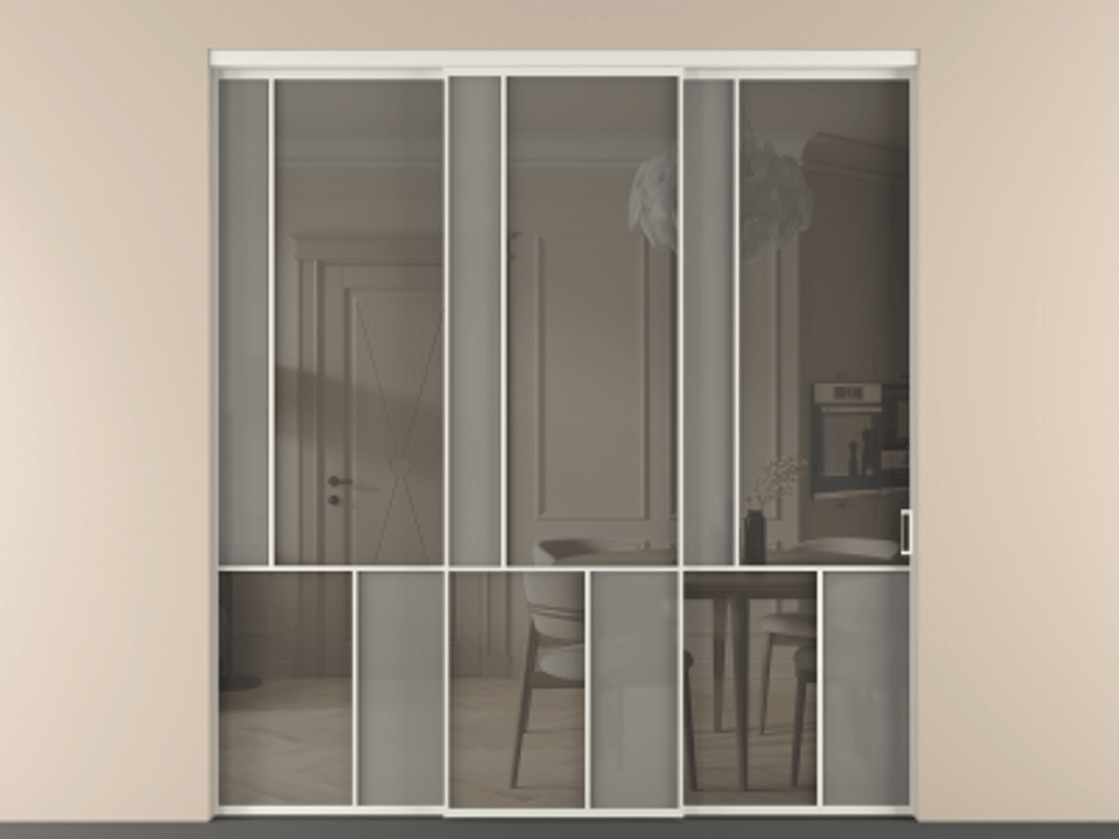 Перегородка Мозаик внутри проёма 3 створки с синхронным механизмом АЛПР 041.20  Алюминий Белый Сатинированное серое стекло, триплекс, 6 мм + Прозрачное серое стекло, триплекс Цена 417070 ₽ | Volhovec