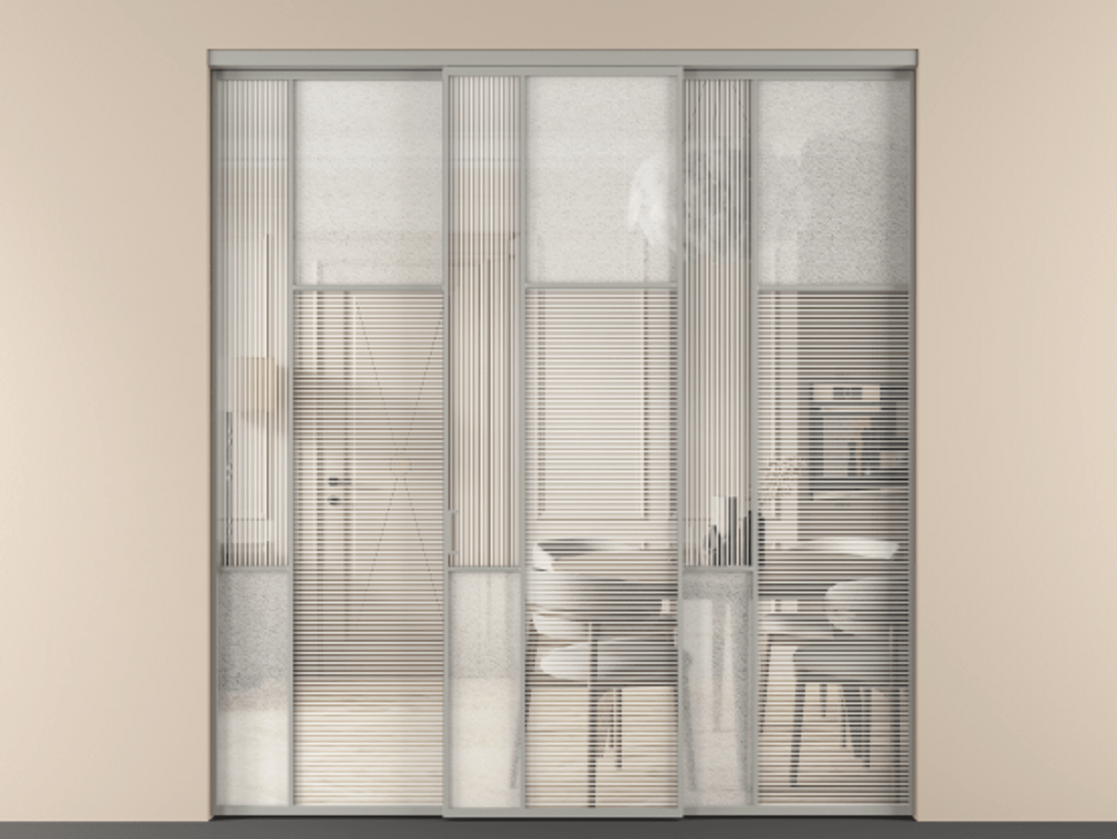 Перегородка Мозаик внутри проёма 3 створки АЛПР 041.11 Алюминий нейтральный серый Рифлёное стекло "Дюна", триплекс, 6 мм + Фактурное стекло "Лёд", триплекс Цена 365390 ₽ | Volhovec