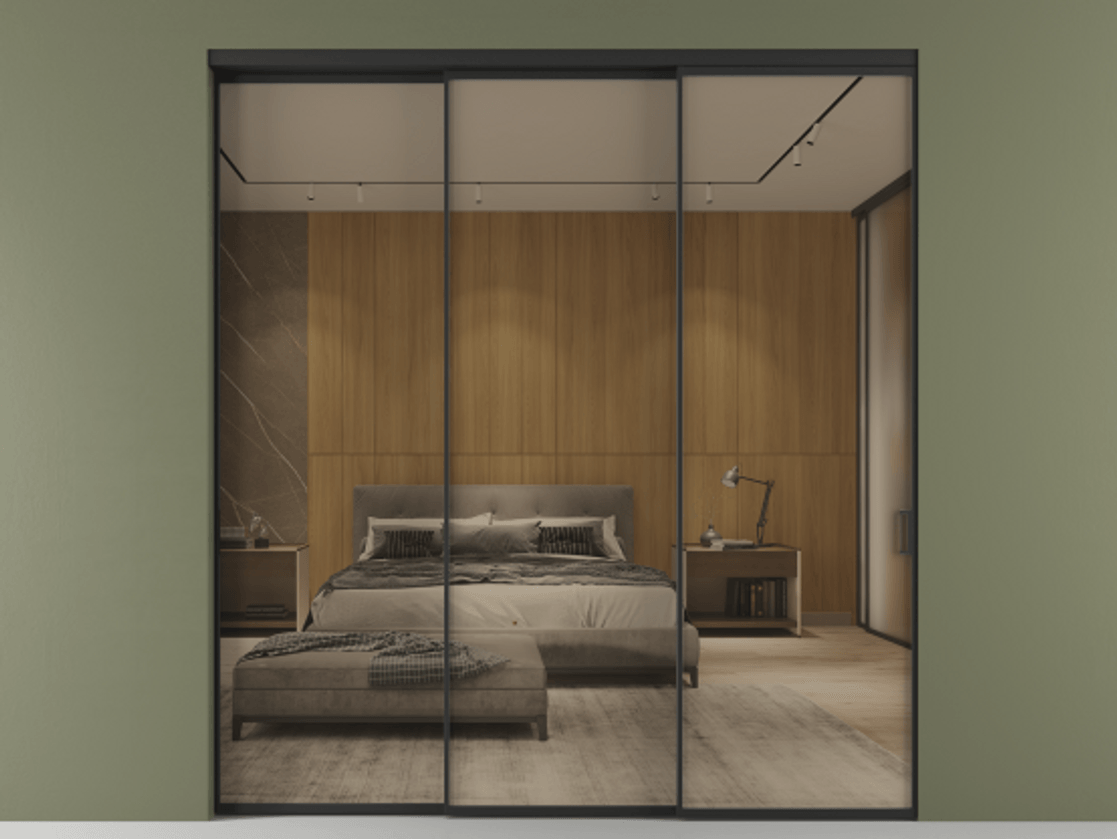 Перегородка Формато внутри проёма 3 створки с синхронным механизмом АЛПР 040.01 Алюминий Черный Рефлективное бронзовое стекло "Стопсол", калёное Цена 379900 ₽  | Volhovec