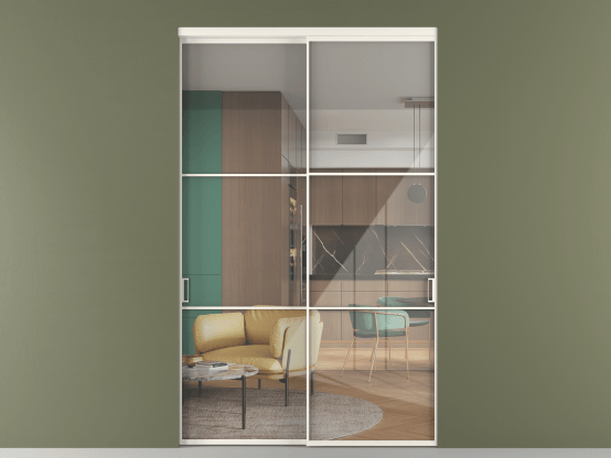 Алюминевая перегородка vn2_03_ Алюминий пудровый белый Stopsol Clear. Цвет Алюминий пудровый белый. Материал Алюминий в эмали. Коллекция Перегородка Формато внутри проёма 2 створки. Картинка.