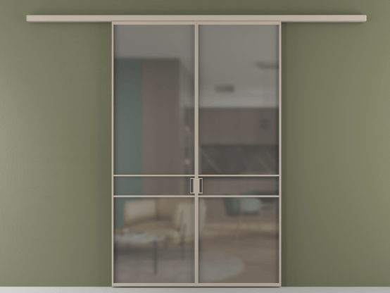 Алюминевая перегородка АЛПР 040.02_АБСК_Серый сатин триплекс_new. Цвет Алюминий бисквитный. Материал Алюминий в эмали. Коллекция Перегородка Формато вдоль стены 2 створки. Картинка.