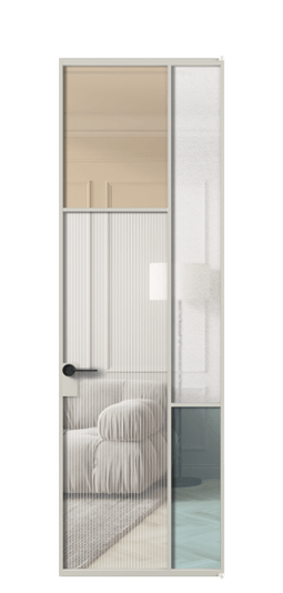 Дверь межкомнатная АЛПЛ041.10 АТСР 4 стекла. Цвет Алюминий тёплый серый. Материал Алюминий в эмали. Коллекция Мозаик. Картинка.