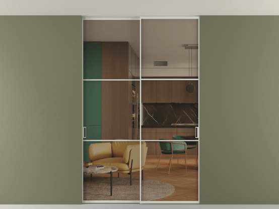 Алюминевая перегородка vn2_03 Алюминий тёплый серый Бронза прозрачное. Цвет Алюминий тёплый серый. Материал Алюминий в эмали. Коллекция Перегородка Формато внутри проёма скрытое крепление в потолок 2 створки. Картинка.