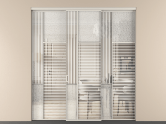 Алюминевая перегородка vn3_5_АОС_DUNE+LED_new. Цвет Алюминий облачно-серый. Материал Алюминий в эмали. Коллекция Перегородка Мозаик внутри проёма 3 створки. Картинка.